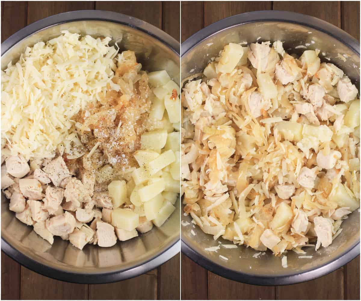 collage of 2 photos showing crepe filling ingredients in bowl and then mixed together
