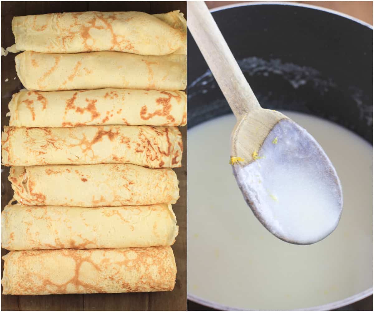collage of 2 photos: left, crepes in pan before baking; right, wood spoon coated with lemon bechamel sauce