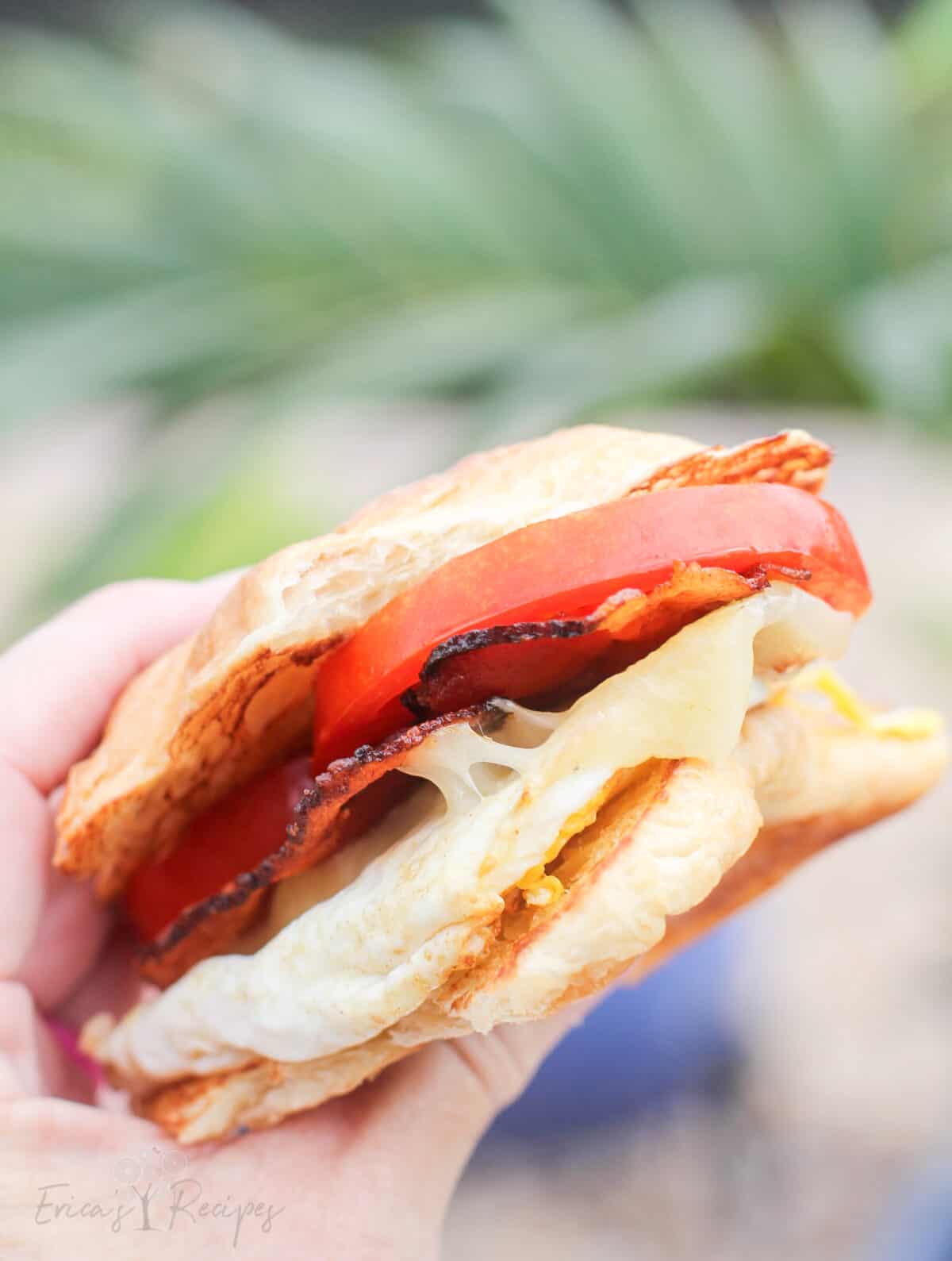 hand holding a croissant breakfast sandwich