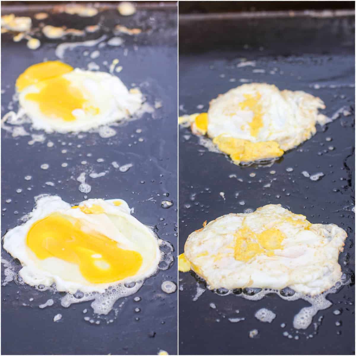 collage of 2 photos: left, 2 eggs cooking on griddle; right, eggs done and ready to come off griddle