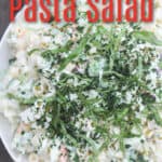 image for pinterest with text overlay recipe title Coleslaw Pasta Salad