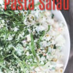 image for pinterest with text overlay recipe title Coleslaw Pasta Salad