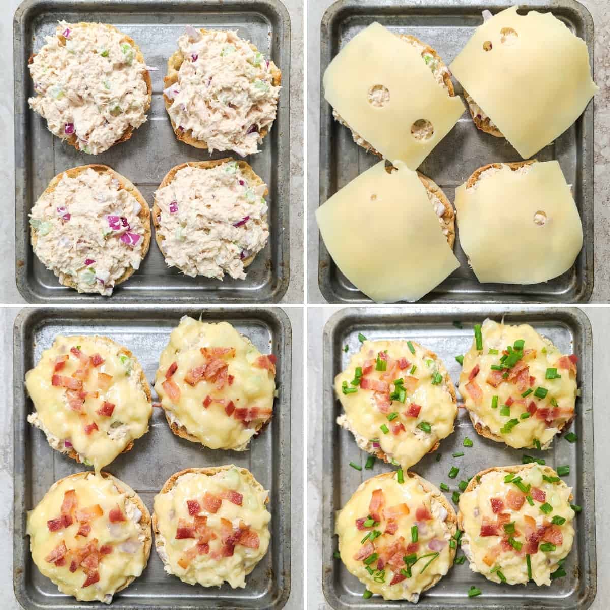 collage of 4 photos showing assembly of recipe: tuna salad on 4 halves of English muffins; topped with cheese; topped with bacon; topped with chives
