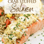 image for pinterest with text overlay crab stuffed salmon