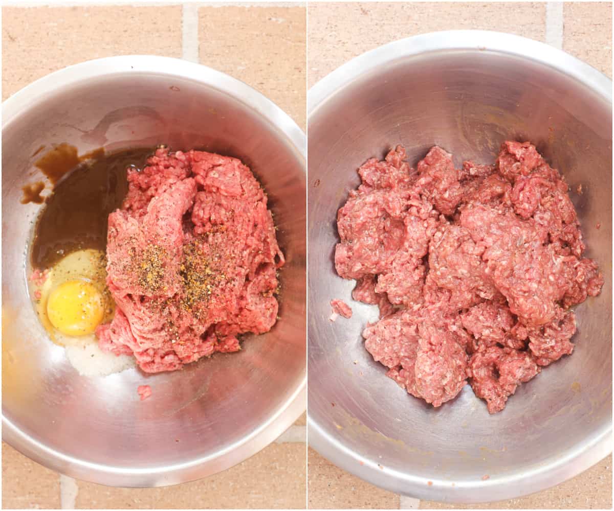 collage of 2 photos: ingredients for the beef mixture in metal bowl; ingredients combined