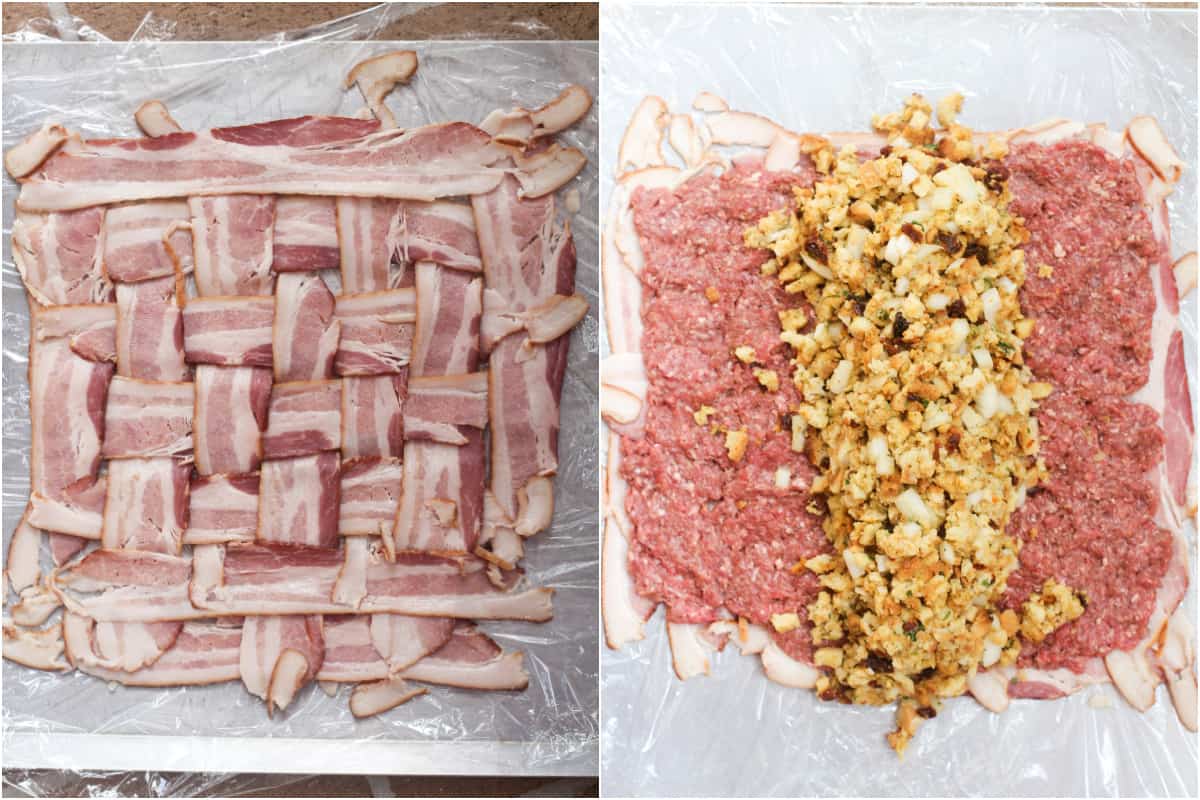 collage of 2 photos: bacon weave on plastic wrap, on metal bake sheet; bacon weave topped with beef mixture and stuffing
