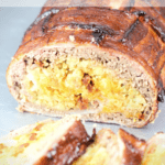 image for pinterest with text overlay recipe title Bacon Wrapped Smoked Fatty