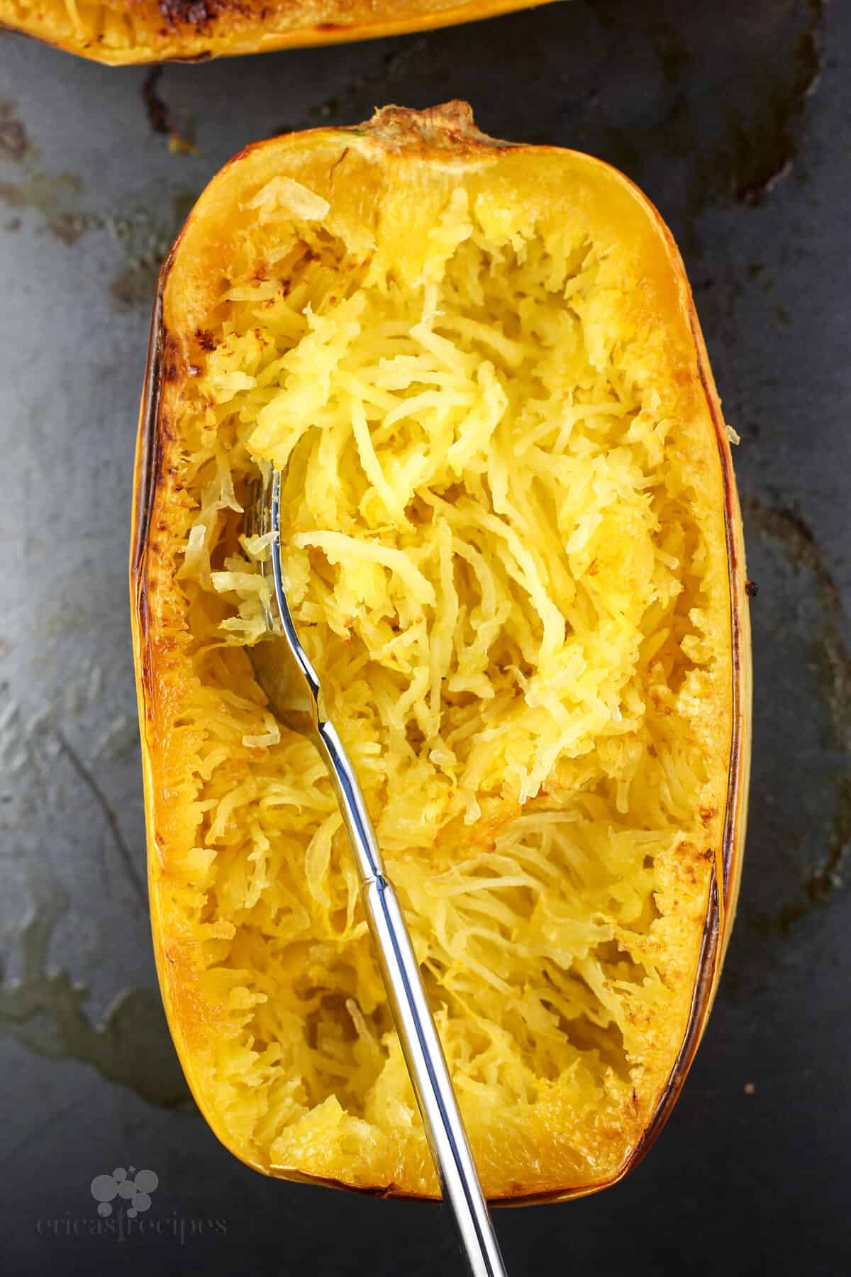 fork in cooked spaghetti squash