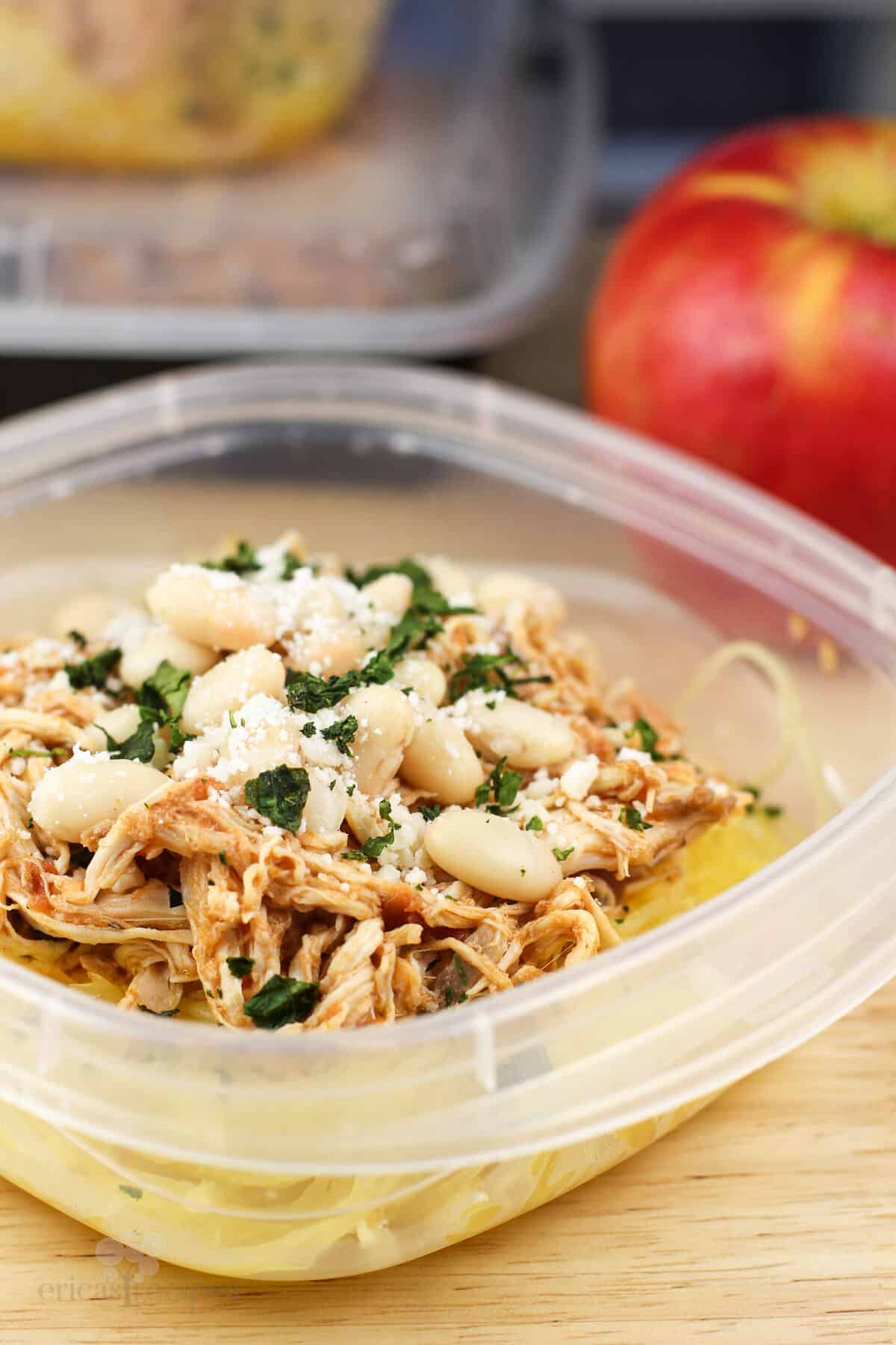 side view of chicken pizzaiola over spaghetti squash