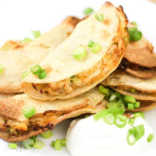 mini chicken quesadilla on white plate