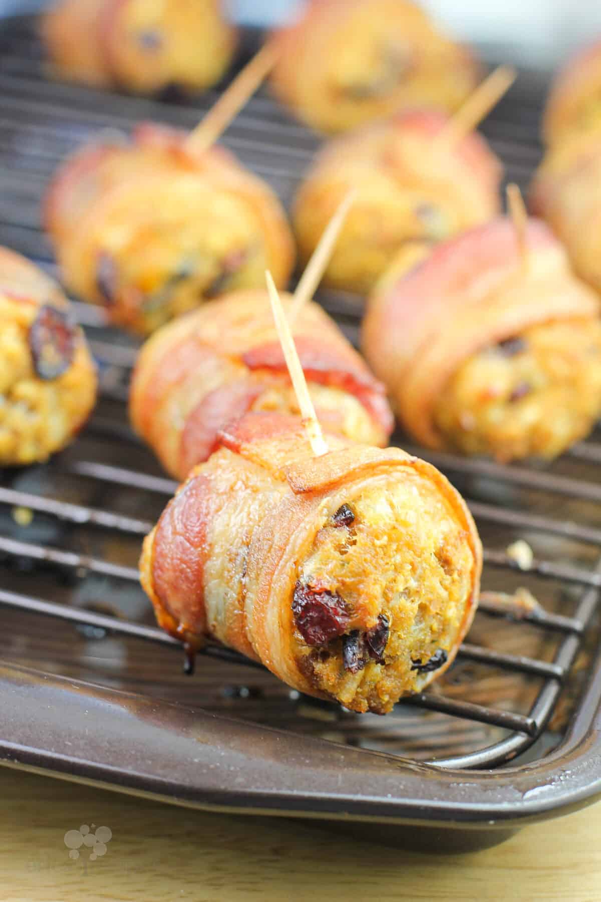 cooked stuffing ball with toothpick inserted