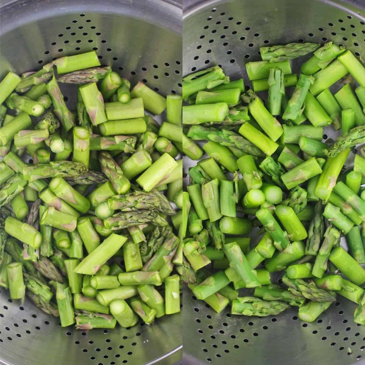 collage of 2 photos: left, raw chopped asparagus in steamer; right, asparagus after steaming