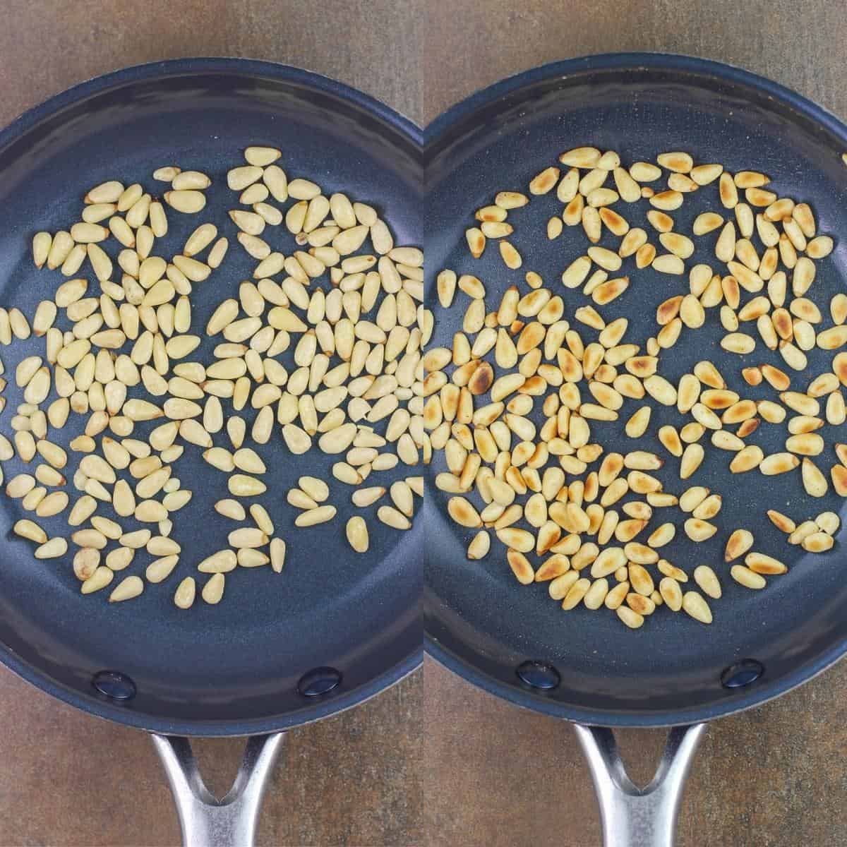 collage: left, pine nuts in small skillet; right, toasted pine nuts in skillet