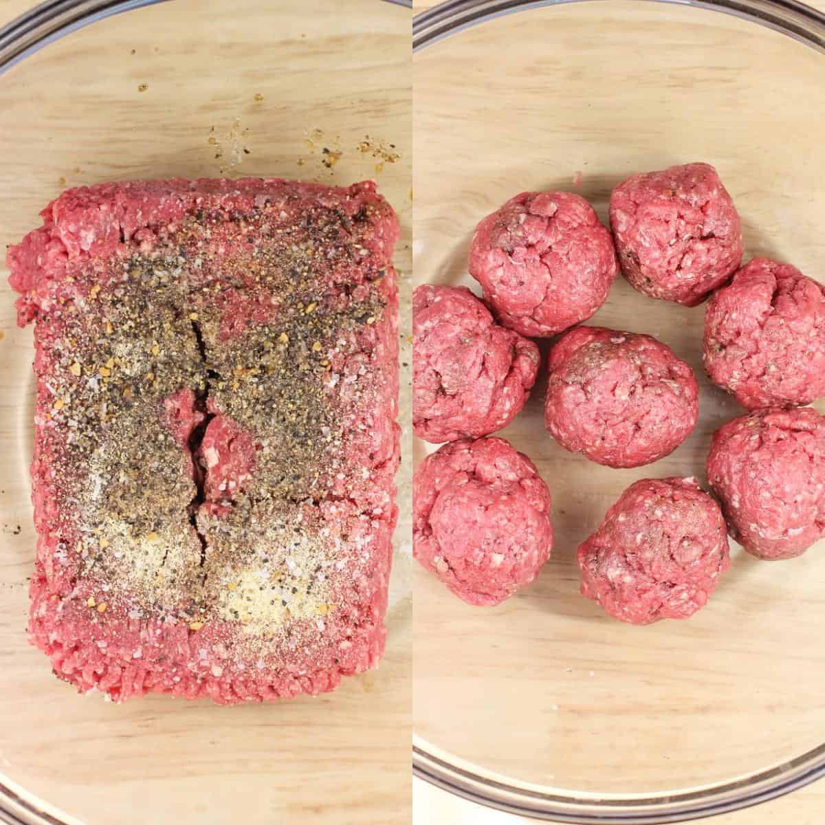 collage of 2 photos: left, ground beef and seasoning ingredients in glass bowl; right, meat mixed and formed into 8 balls