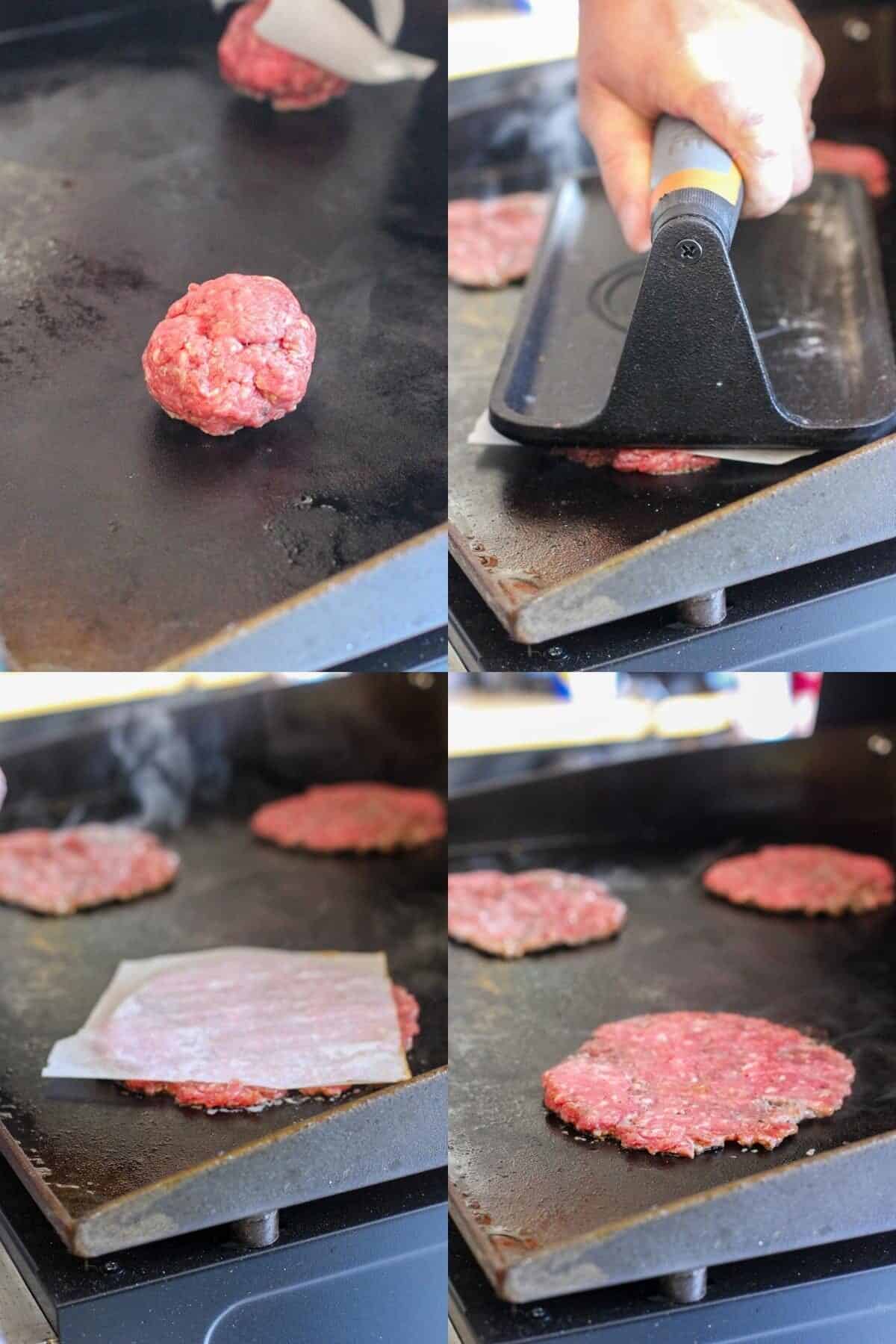 collage of 4 photos: meatball on griddle; press flattening meat; flat meat patties on grill; cooking smashed beef patty on Blackstone griddle