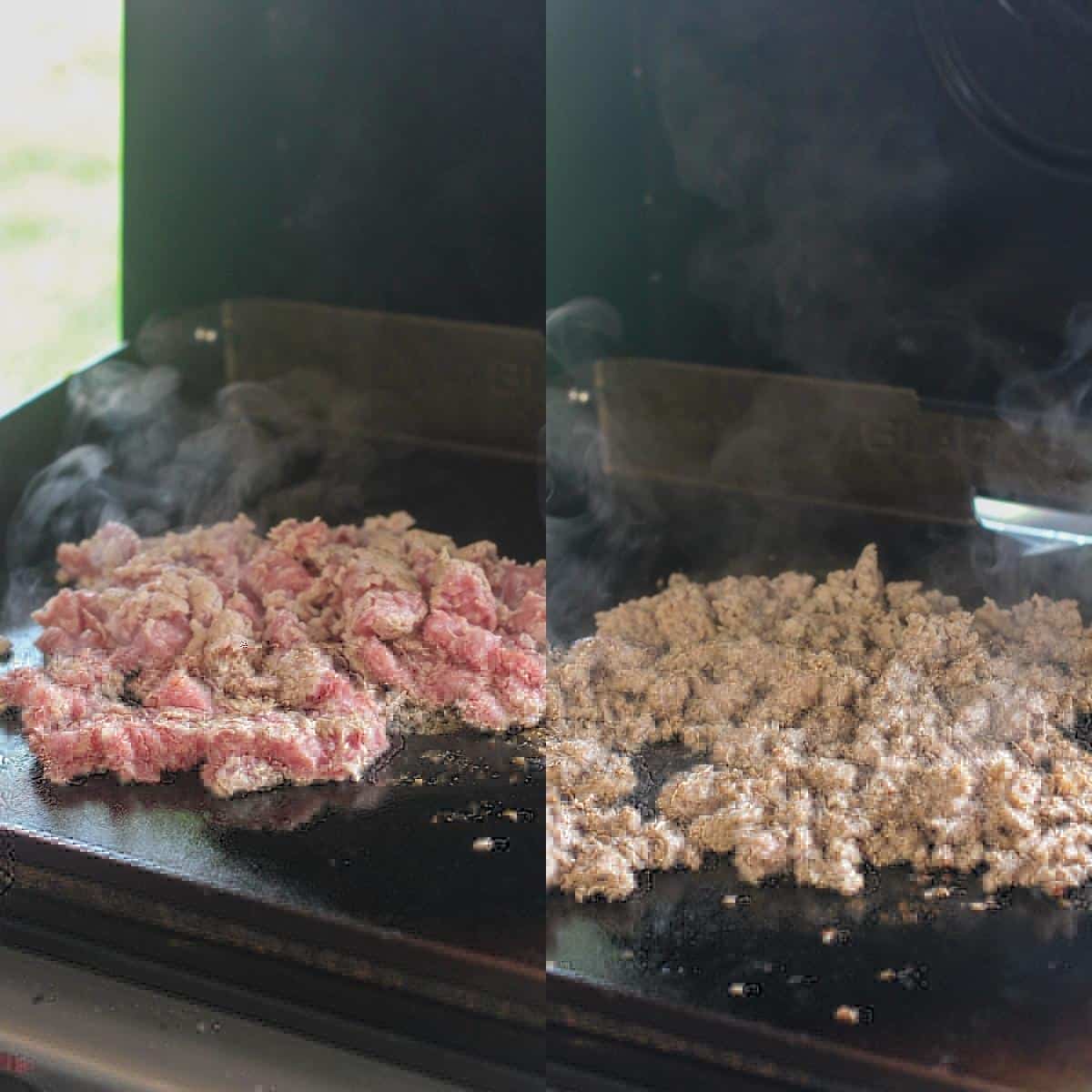 collage of 2 photos showing raw and cooked met