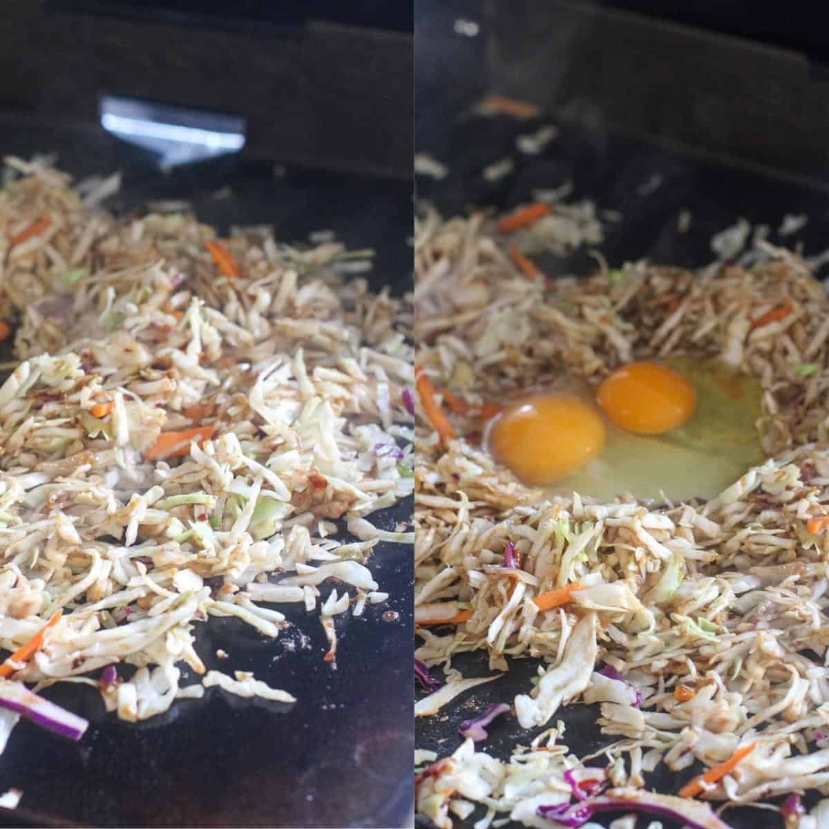 collage of 2 photos: left, coleslaw cooking on Blackstone griddle; right, 2 eggs in center of coleslaw