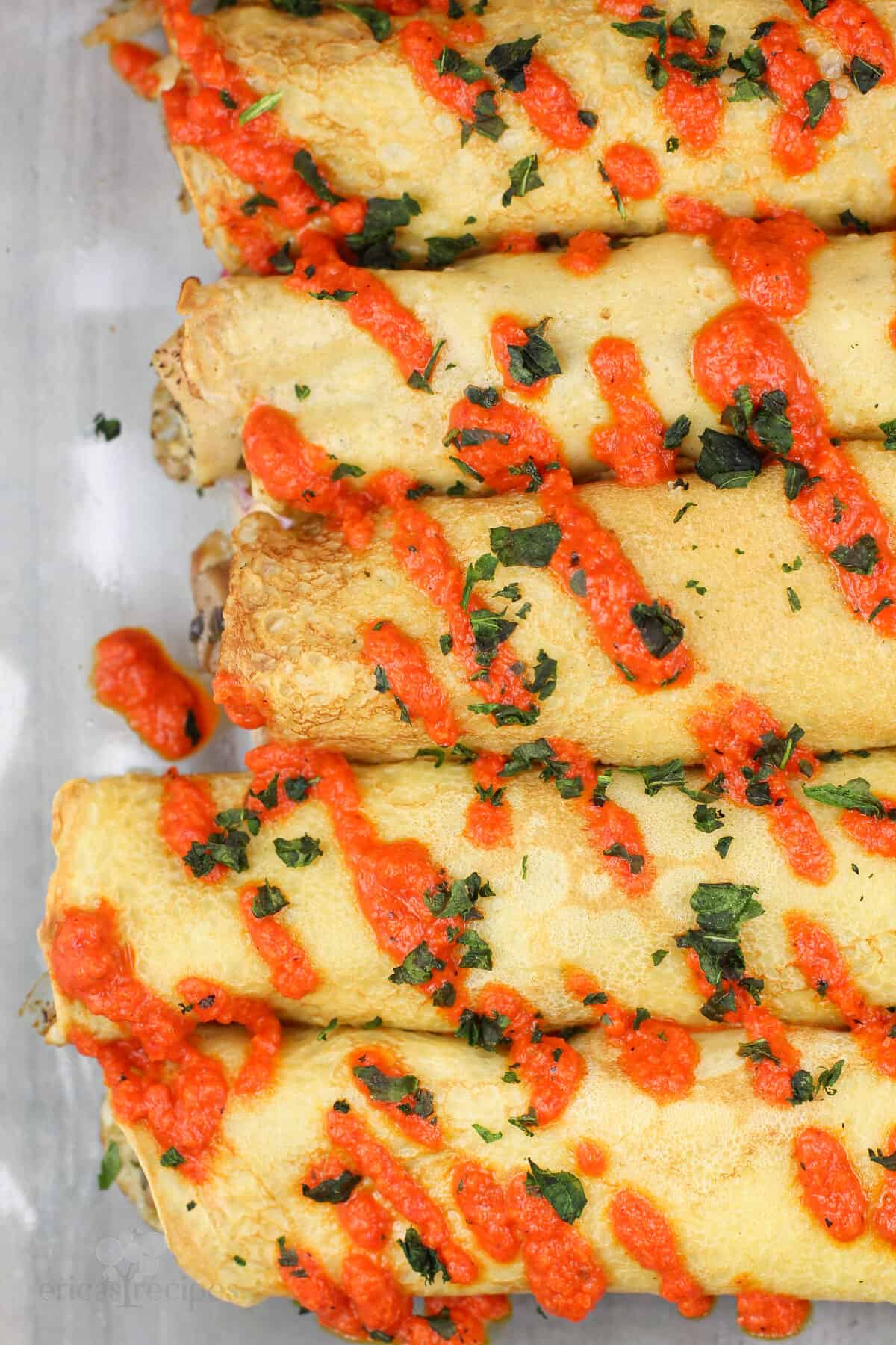 finished crepes in bake dish