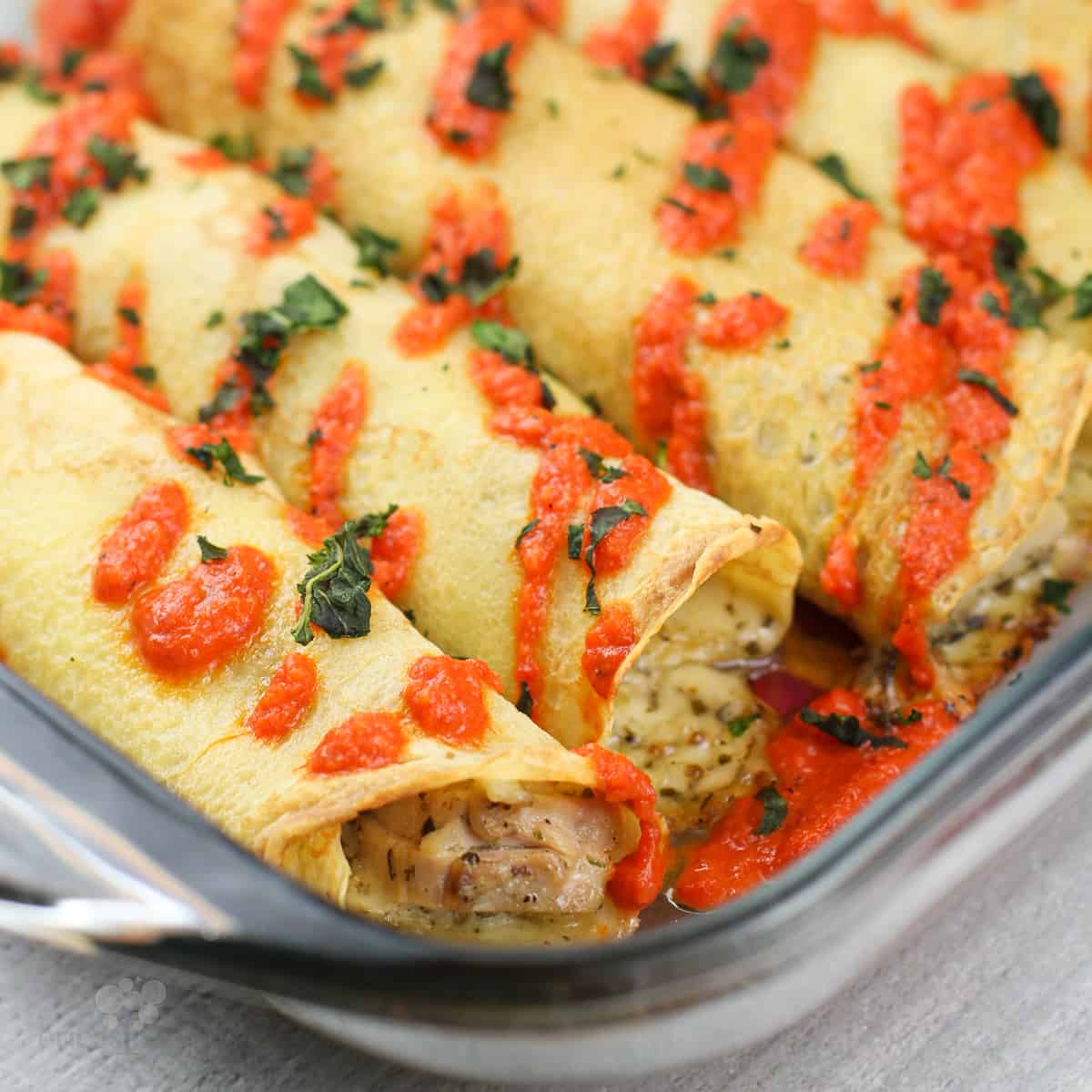 finished crepes in bake dish