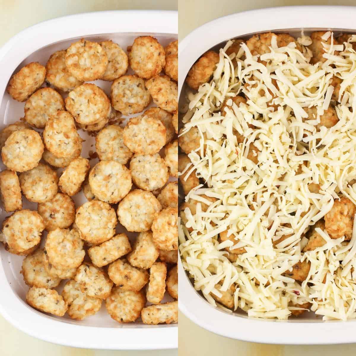 collage of 2 photos: left, tater tots in bake dish; right, tater tots in dish topped with cheese