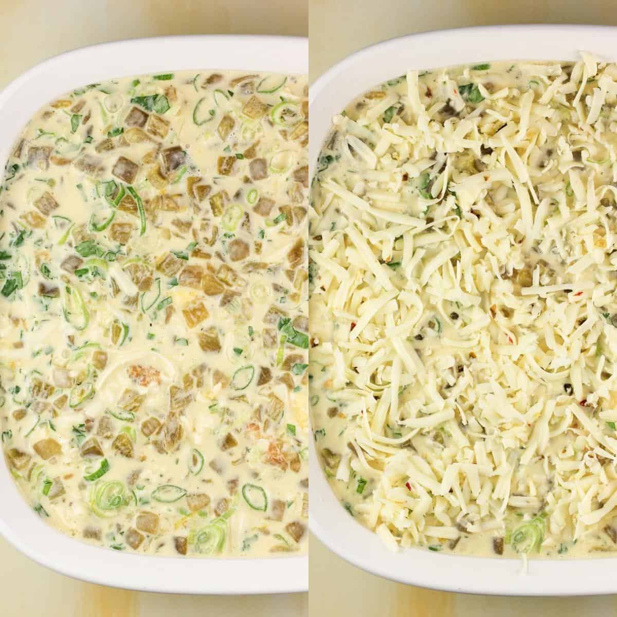 collage of 2 photos: left, egg mixture in bake dish; right, egg mixture topped with cheese