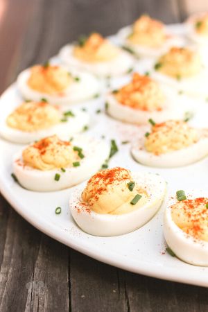 prepared deviled eggs on white dish