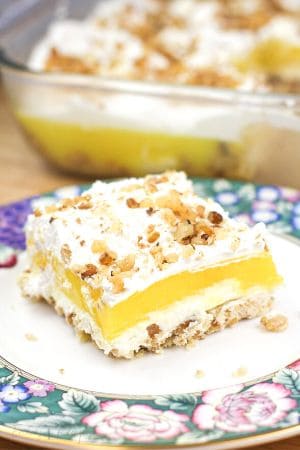 portion of lemon delight on floral plate