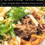 image for pinterest with text overlay whiskey pulled pork and waffles