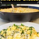 image for pinterest with text overlay recipe title Poblano Mac and Cheese