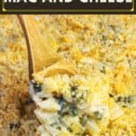 image for pinterest with text overlay recipe title Poblano Mac and Cheese