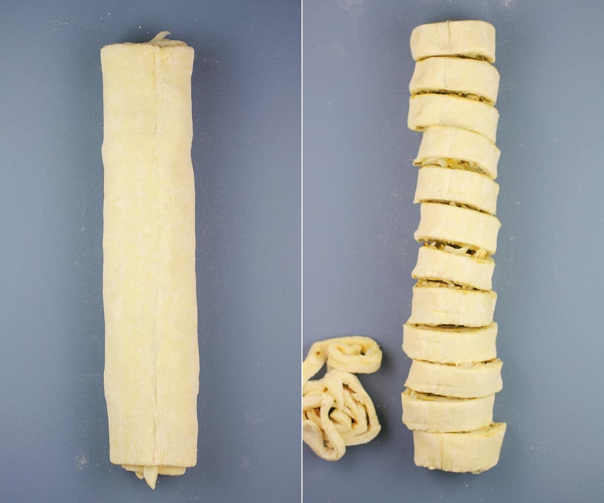 collage of 2 photos showing the rolled up dough log whole, then sliced into 12 rounds