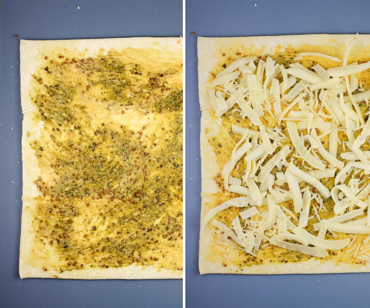 collage of 2 photos showing pastry dough covered in mustard and pesto, then also cheese