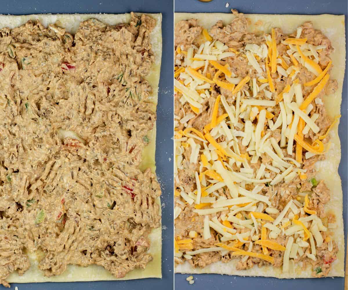 collage of 2 photos: left, meat mixture spread on puff pastry; right, meat mixture on pastry topped with cheese