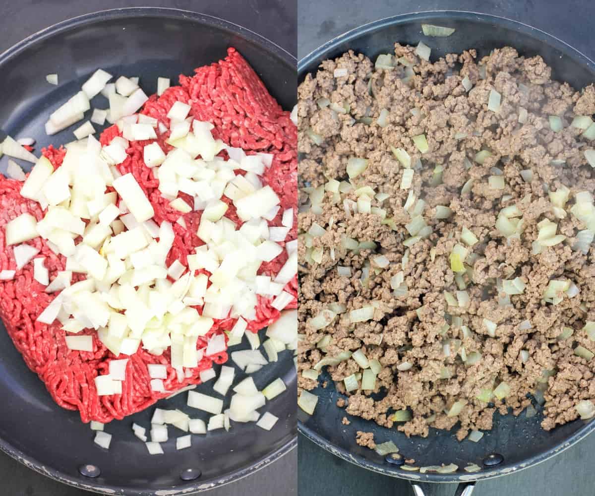 collage of 2 photos showing raw then cooked beef and onion in skillet