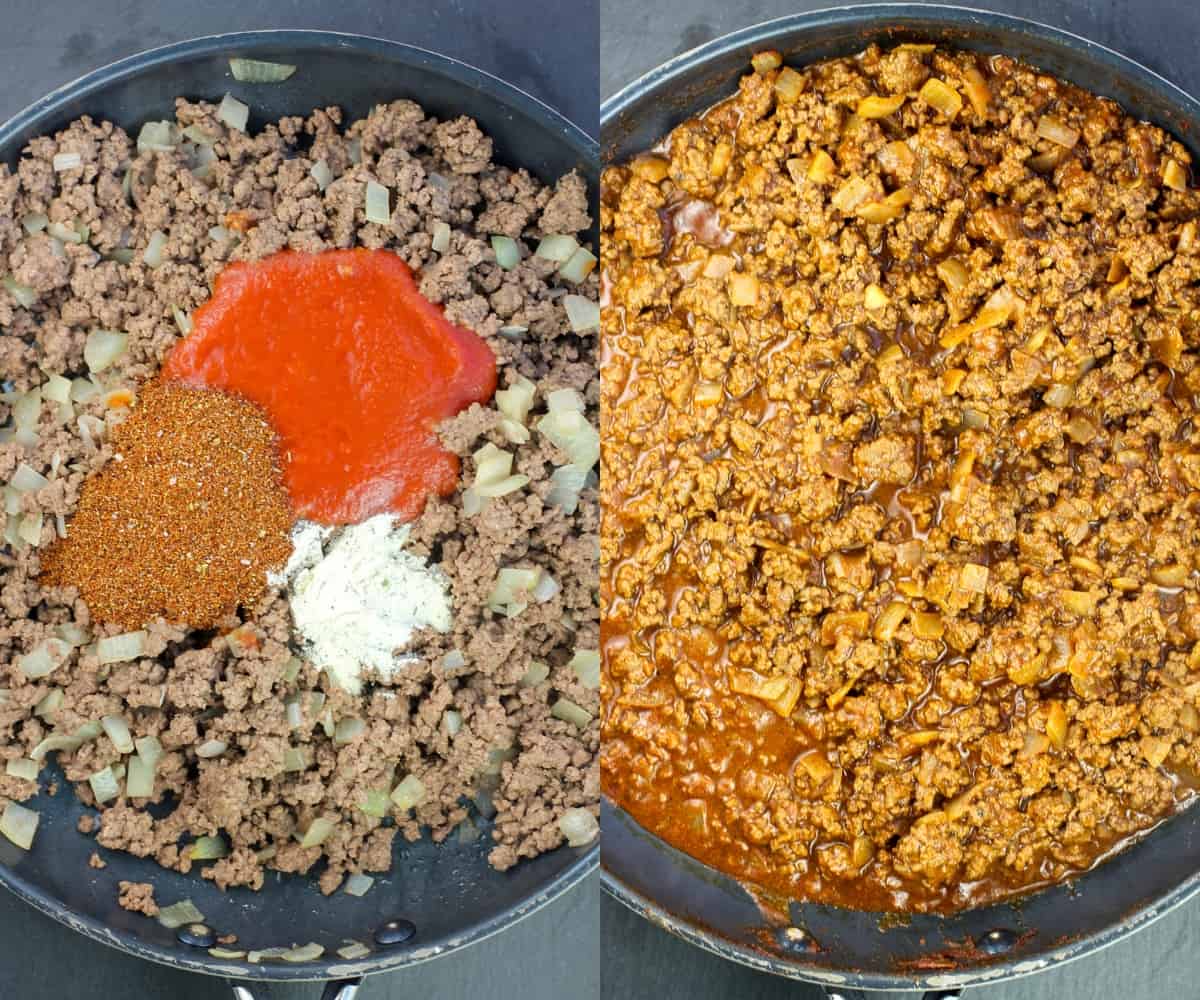 collage of 2 photos showing seasonings and tomato sauce added, then mixed, into cooked ground beef