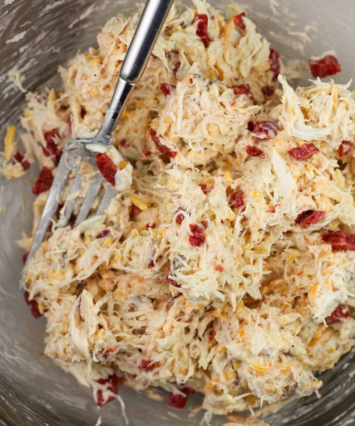 crab bacon filling in glass bowl