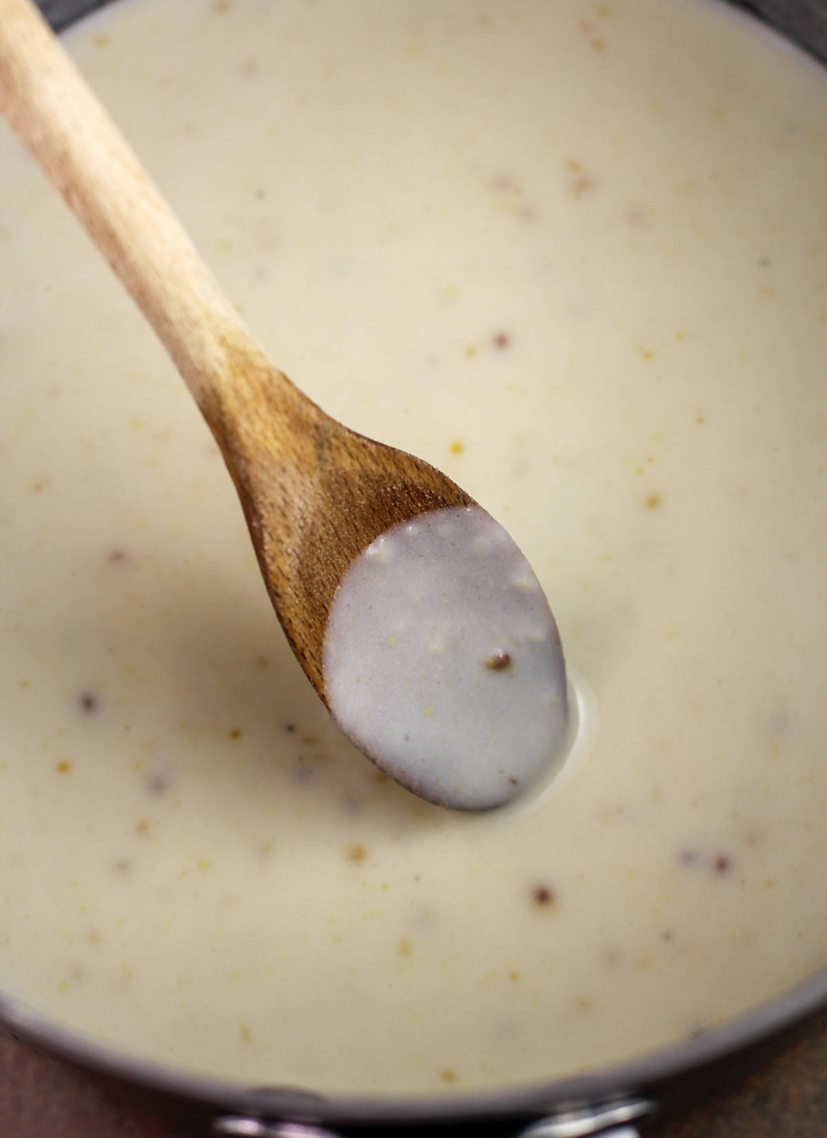 wood spoon in bechamel to show consistency of the suace