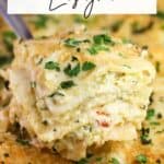 image for pinterest with text overlay recipe title Pesto Salmon Lasagna