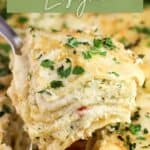 image for pinterest with text overlay recipe title Pesto Salmon Lasagna