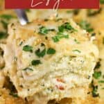 image for pinterest with text overlay recipe title Pesto Salmon Lasagna