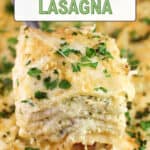image for pinterest with text overlay recipe title Pesto Salmon Lasagna