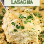 image for pinterest with text overlay recipe title Pesto Salmon Lasagna