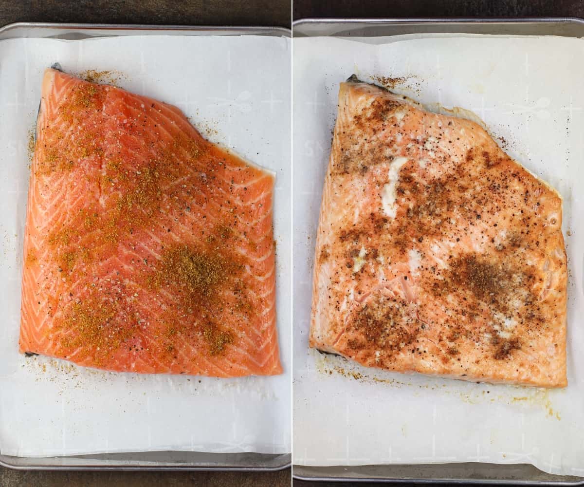 collage of 2 photos: left, uncooked, seasoned salmon on parchment paper; right, cooked salmon on parchment