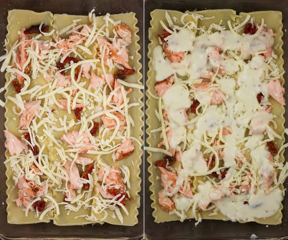 collage of 2 photos: left, pasta layer in bake dish topped with salmon, sun-dried tomatoes, and cheese; right, same as the left but also topped with bechamel sauce