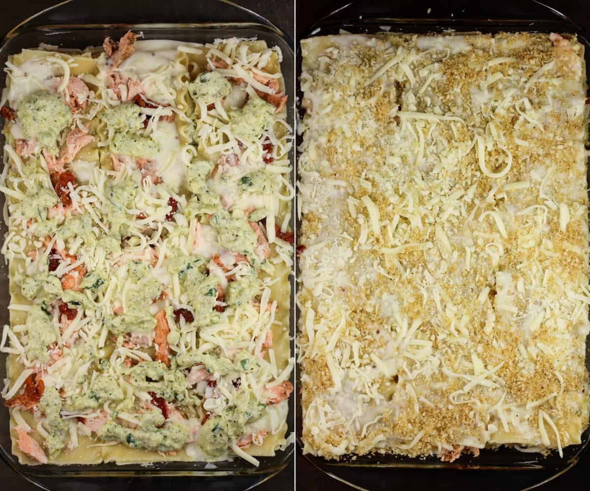 collage of 2 photos: left, the last layer of filling with salmon, tomato, cheese, and ricotta; right, the fully prepared lasagna (topped with cheese and panko mixture) ready for the oven
