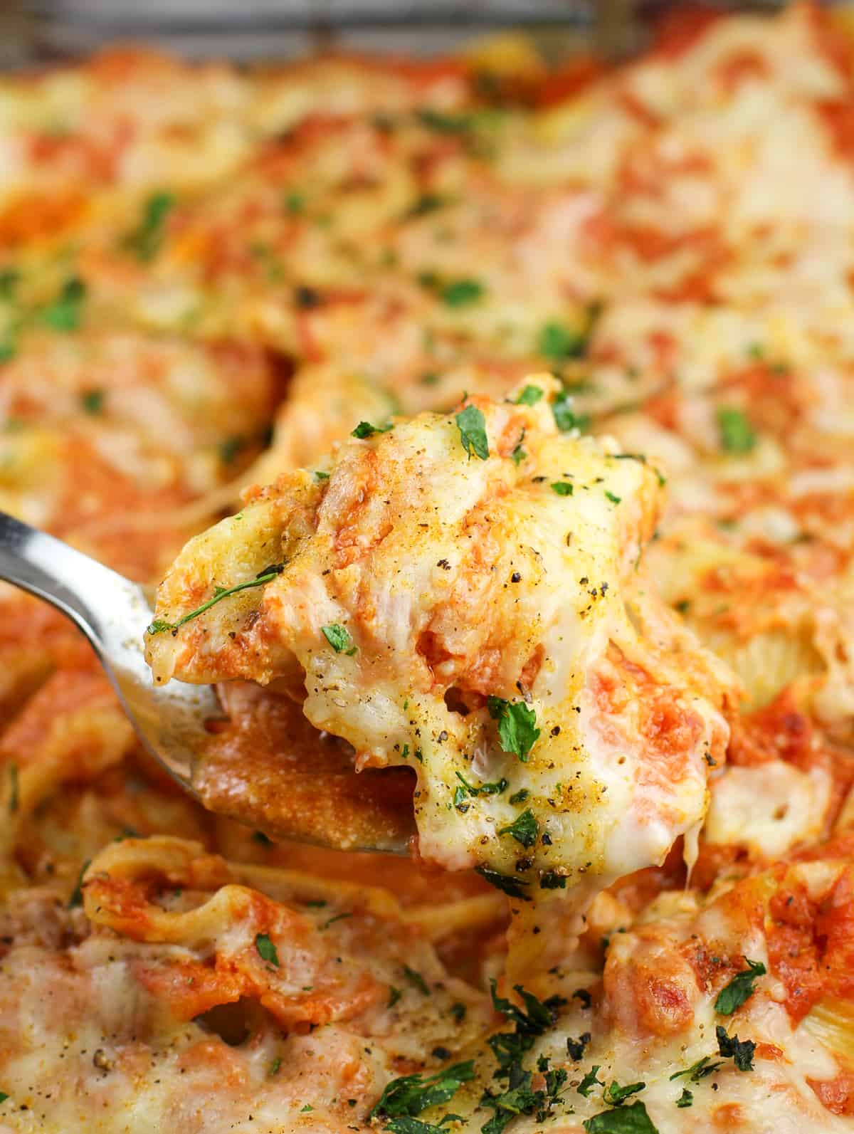 spatula lifting a Cajun Shrimp and crab stuffed shell in casserole dish