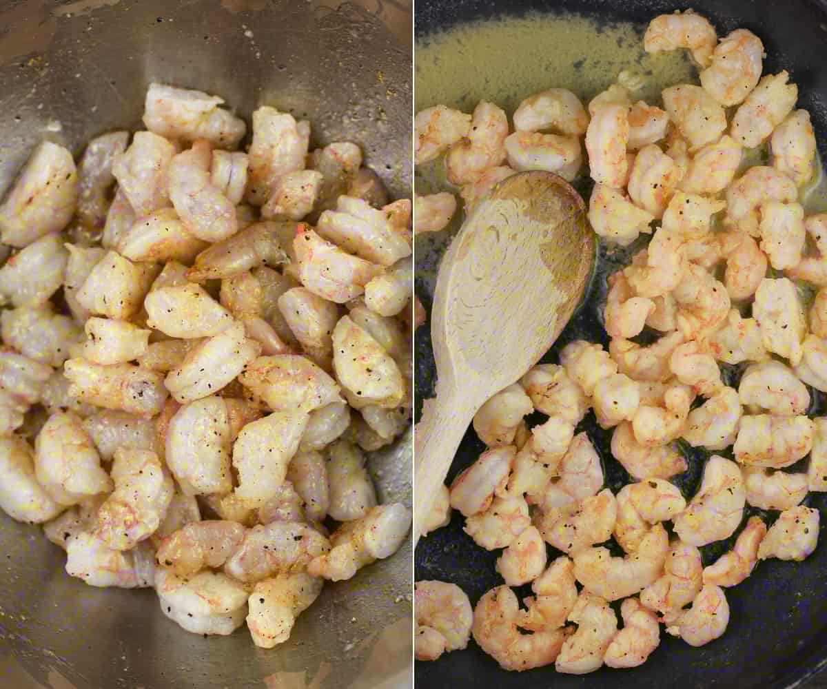 collage of 2 photos: uncooked, seasoned shrimp in metal bowl; cooked shrimp in skillet with wood spoon