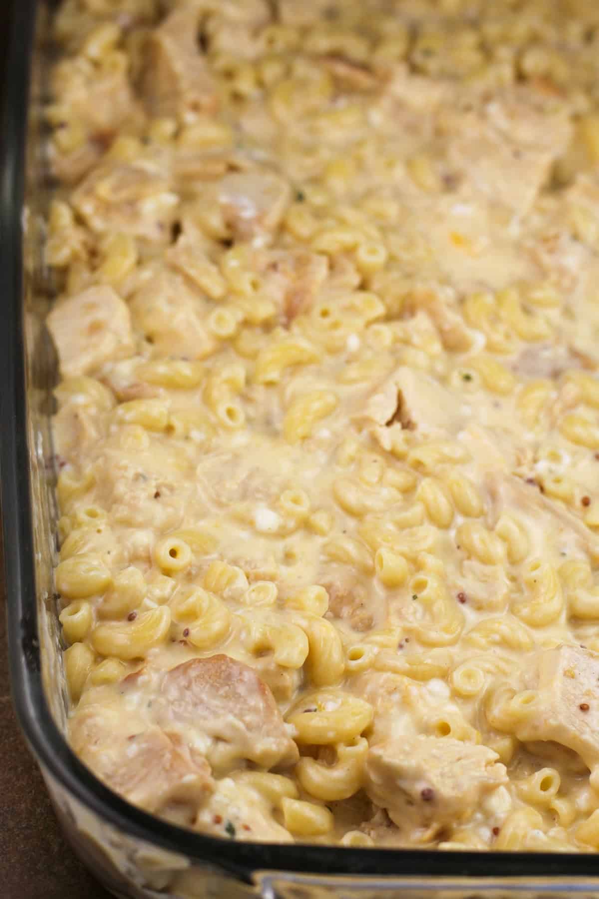 assembled ingredients in bake dish, prior to topping with cheese