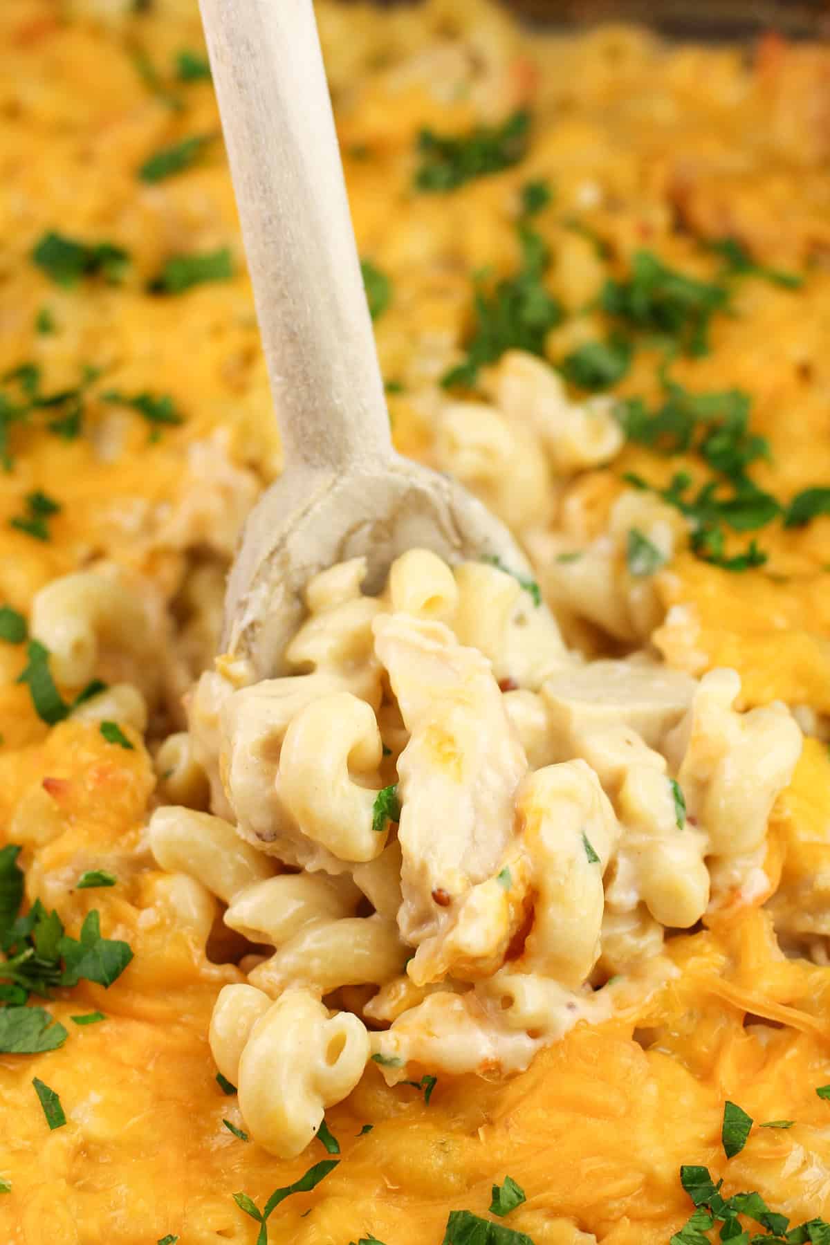 wood spoon inserted into cooked chicken casserole