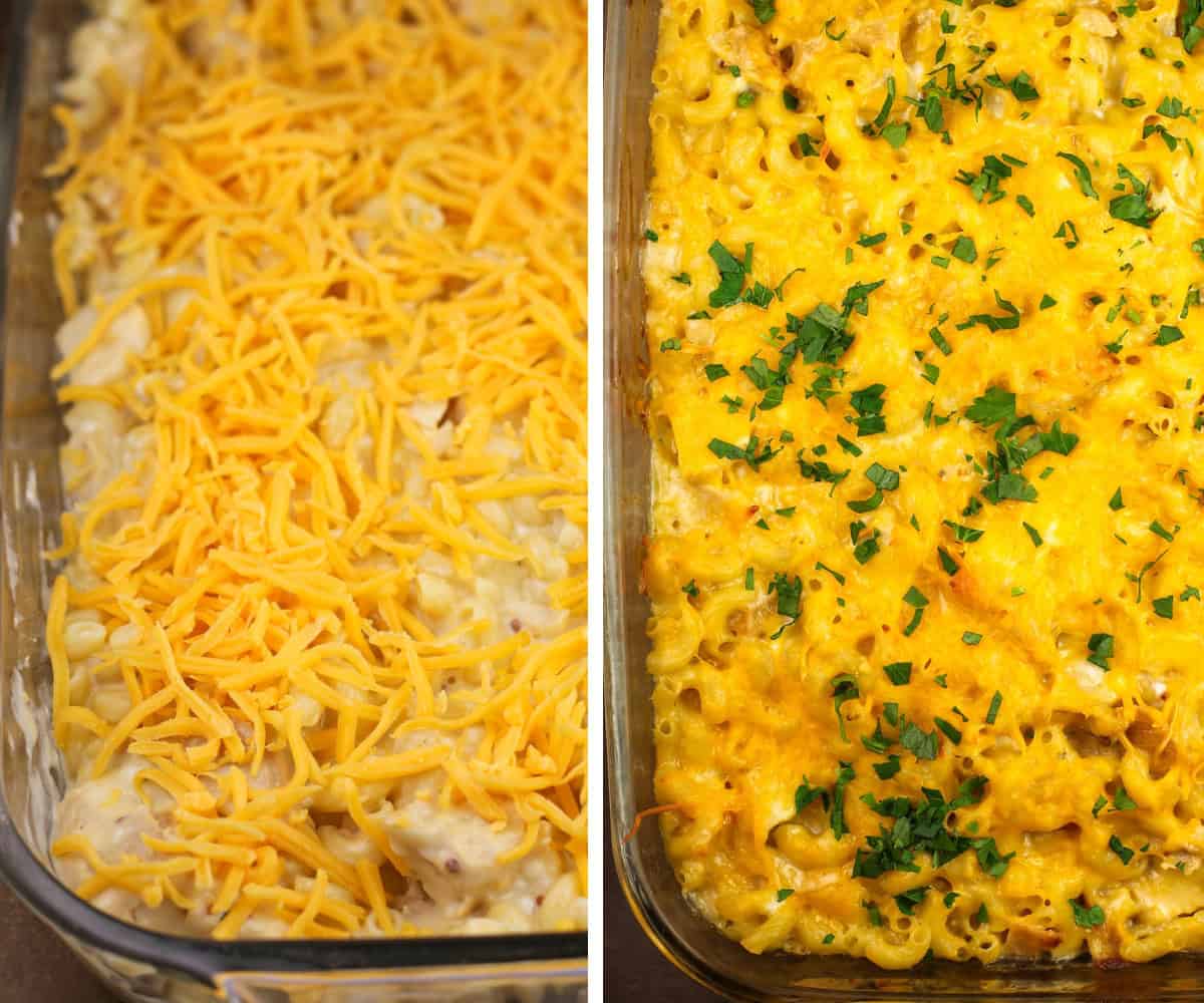 collage of 2 photos: left, assembled casserole ready for the oven; cooked casserole fresh from the oven